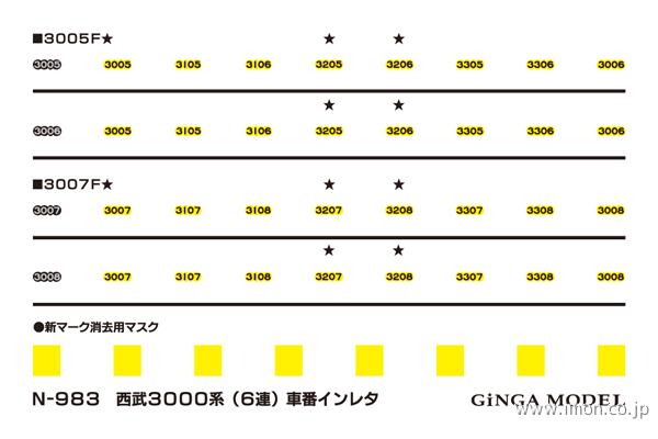 Ｎ９８３　形式番号標記　西武３０００系（６連）車番インレタ