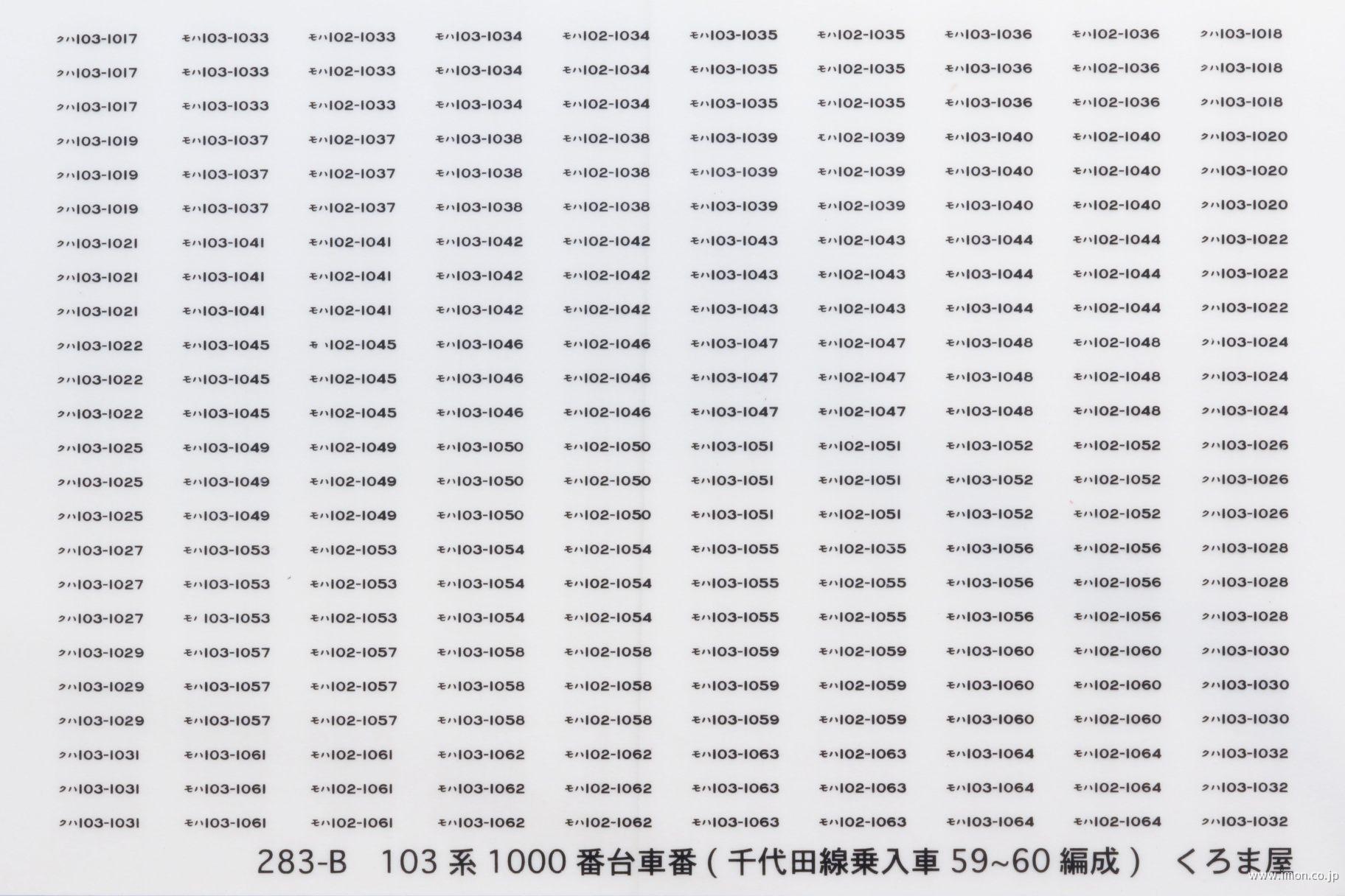 ２８３－Ｂ　１０３系１０００番台車番（千代田線乗り入れ車）５９～６６