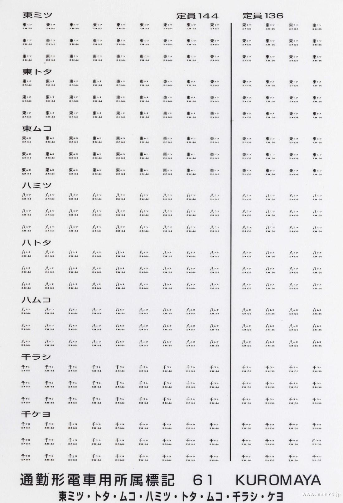 ６１　標記　通勤形電車用所属　黒