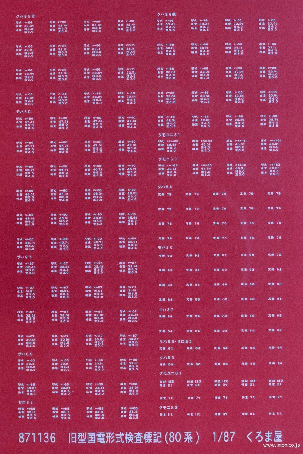 ８７１１３６　旧国形式検査表記８０系